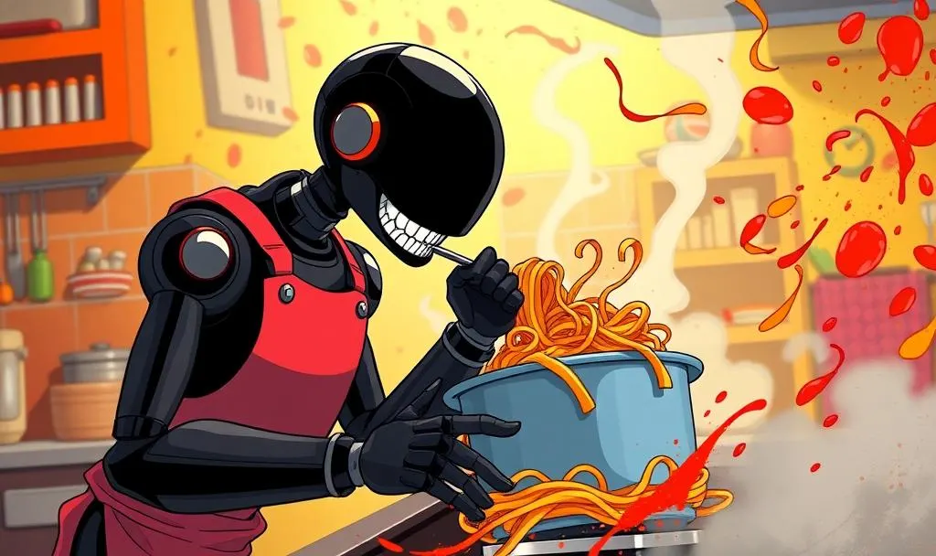 A robot chef tasting a forkful of spaghetti — the sensory check no algorithm can outsource.