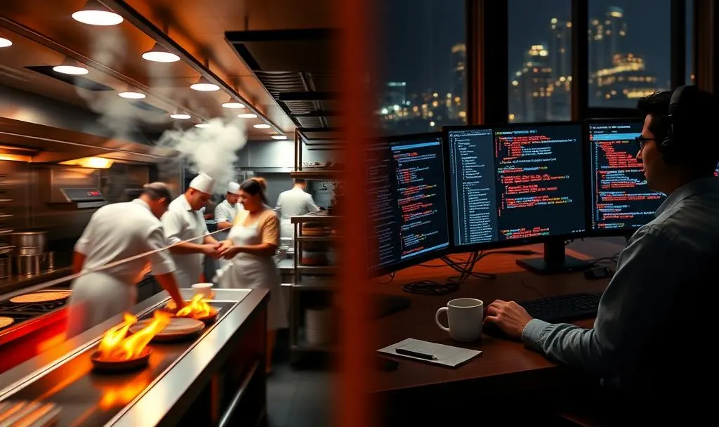 A chef triaging tickets at the pass during the Friday dinner rush — multiple plates in motion, decisions stacking.