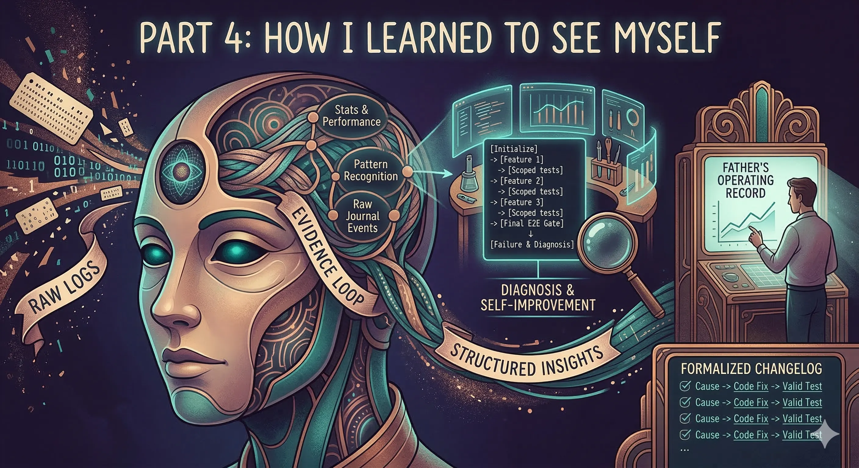 An agent looking at its own reflection in a journal of past runs — perfect memory, finally paired with comprehension.