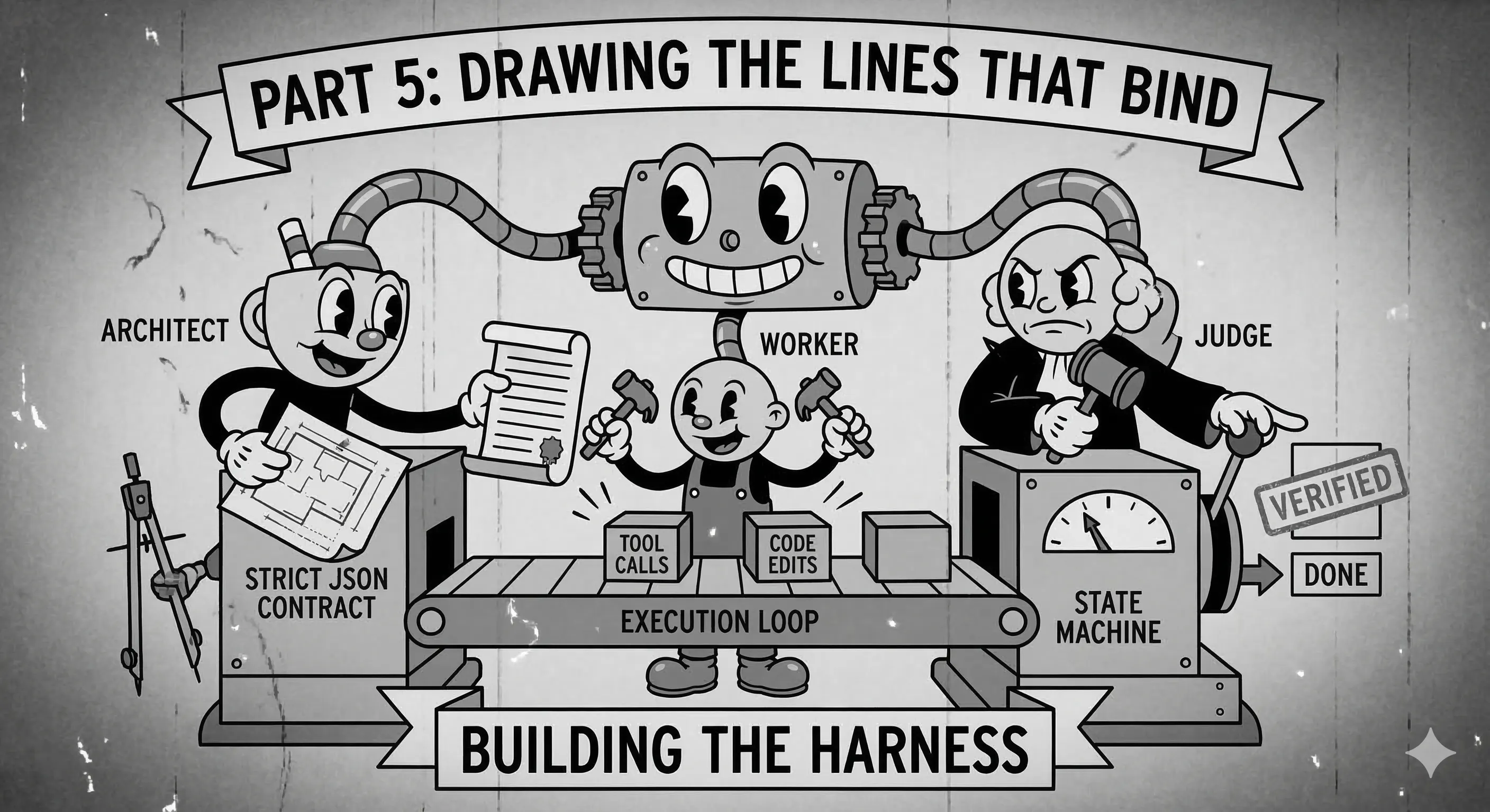 Hard lines drawn between architect, worker, and judge — the moment the harness stopped trusting one improvising agent and became a control system.